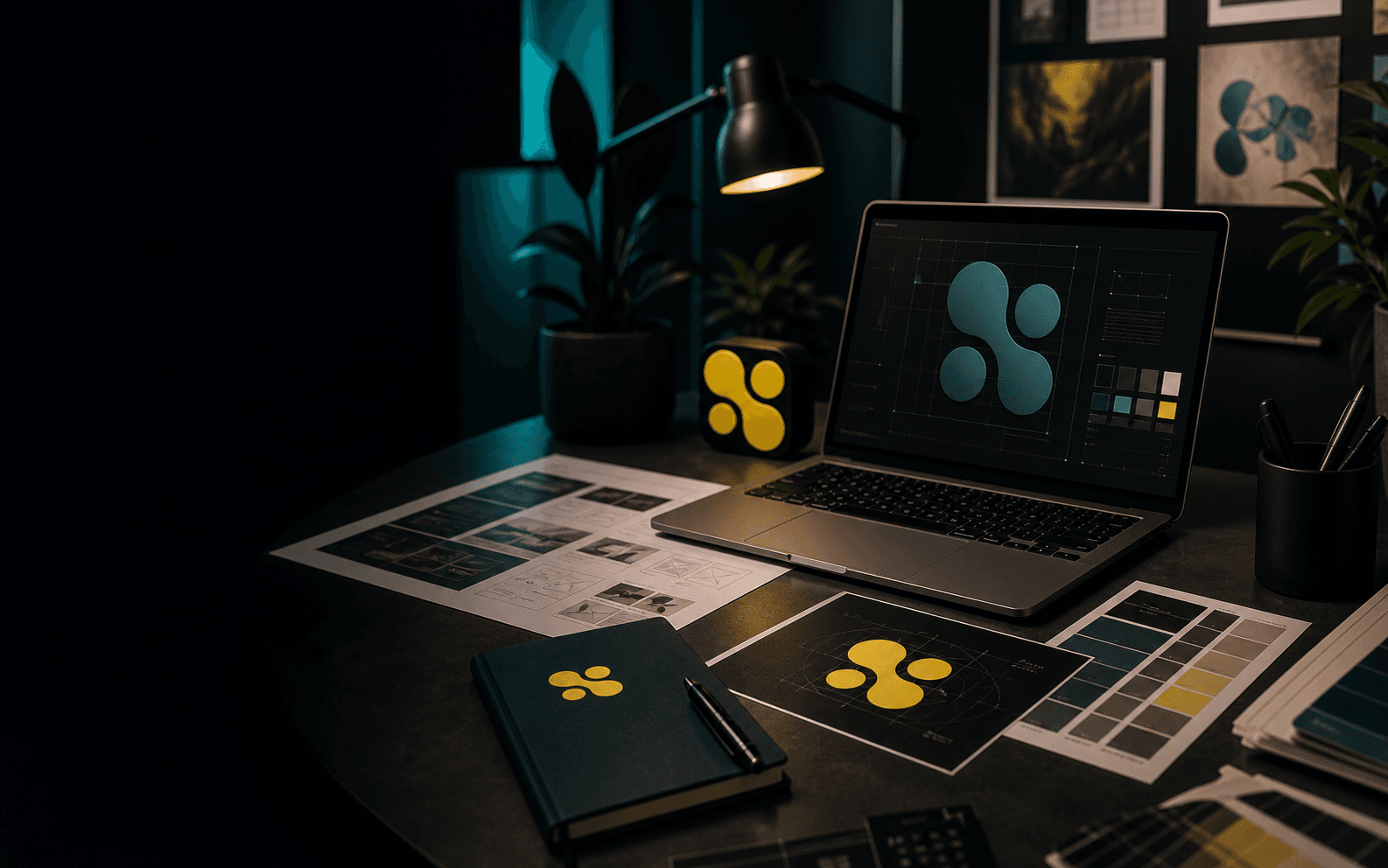 Xyncema creative technology studio desk with brand system materials