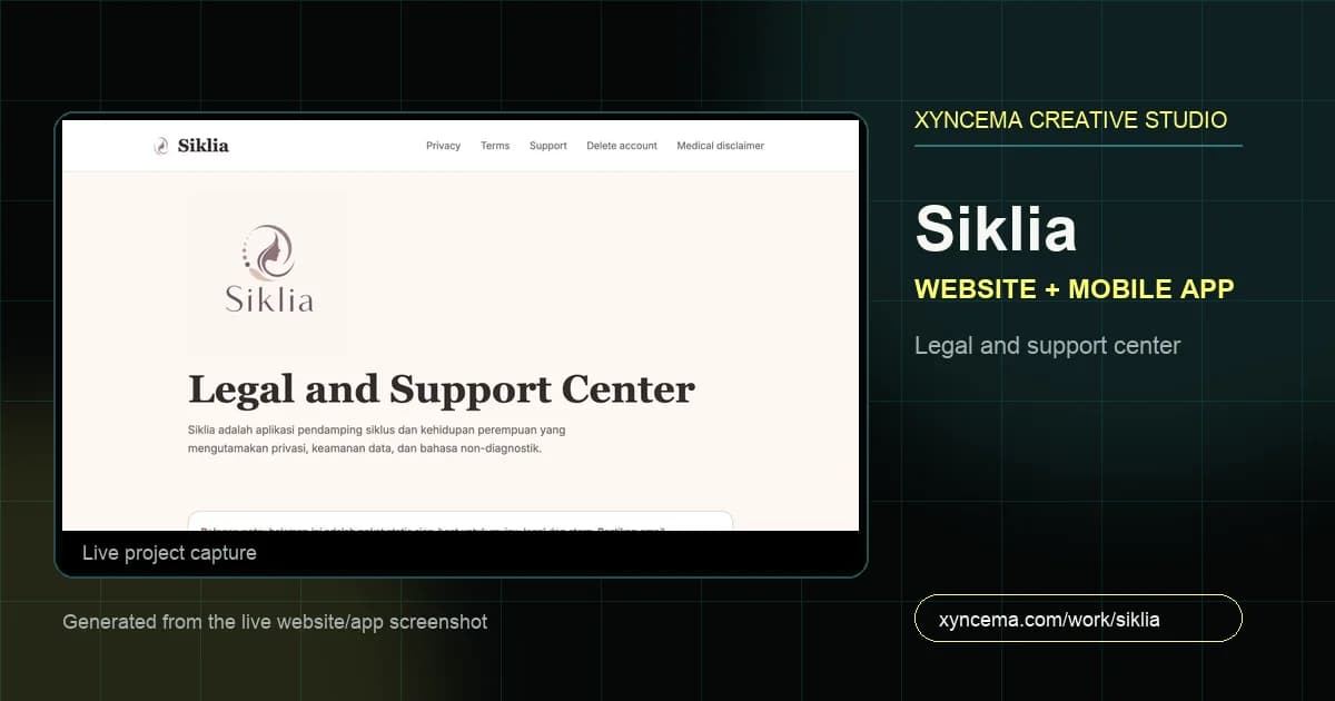 Live capture from siklia.com showing the privacy-led cycle tracking product, trust layer, and mobile app previews.